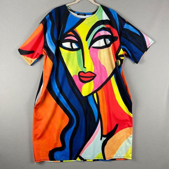 Lerouge Abstract Face Dress Womens XL Pockets Artsy Pop Art Colorful Bright - Picture 1 of 13